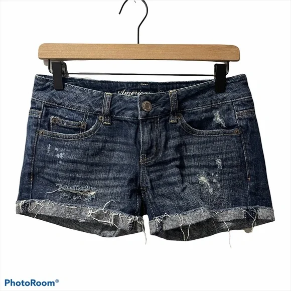American Eagle Distressed Frayed Summer Denim Jean Shorts Size 0 - Picture 7 of 7